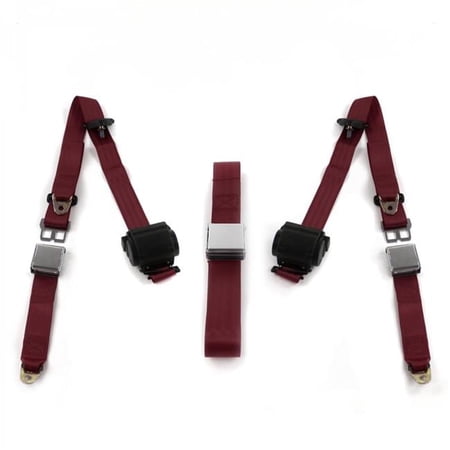 Airplane 3 Point Burgundy Retractable Bench Seat Belt Kit for 1970 Ford Fairlane - 3 Belts