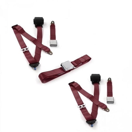 Airplane 3 Point Burgundy Retractable Bench Seat Belt Kit for Jeep Jeepster 1966-1973 - 3 Belts