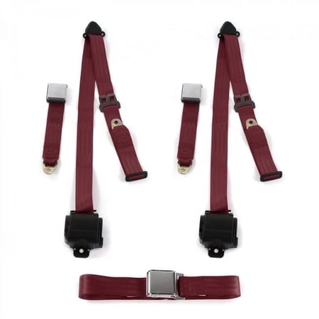 Airplane 3 Point Burgundy Retractable Bench Seat Belt Kit for VW Karmann Ghia - 3 Belts