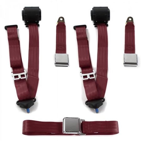 Airplane 3 Point Burgundy Retractable Bench Seat Belt Kit with 3 Belts for 1952-1954 Ford