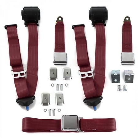 Airplane 3 Point Burgundy Retractable Bench Seat Belt Kit with Bracketry for 1935-1940 Early Cars - 3 Belts