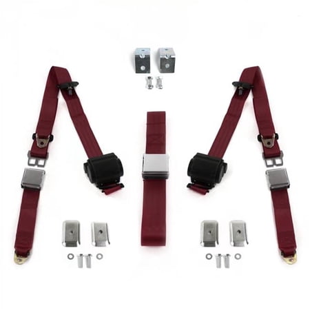Airplane 3 Point Burgundy Retractable Bench Seat Belt Kit with Bracketry for 1957-1958 Buick Roadmaster - 3 Belts