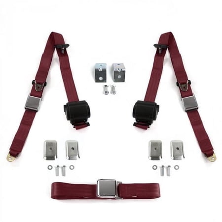 Airplane 3 Point Burgundy Retractable Bench Seat Belt Kit with Bracketry for 1969-1972 Chevy FS Blazer - 3 Belts