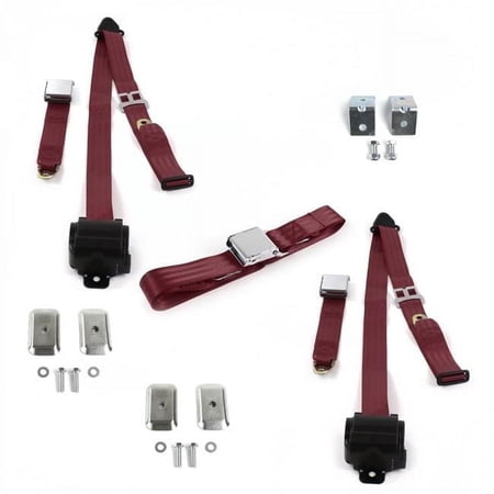 Airplane 3 Point Burgundy Retractable Bench Seat Belt Kit with Bracketry for 1970-1977 AMC Hornet - 3 Belts