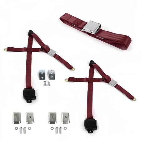 Airplane 3 Point Burgundy Retractable Bench Seat Belt Kit with Bracketry for Chevy Truck 1935-1940 - 3 Belts