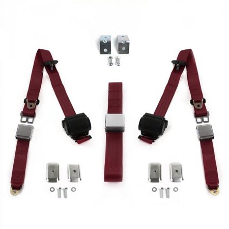 Airplane 3 Point Burgundy Retractable Bench Seat Belt Kit with Bracketry for Chevy Truck 1963-1966 - 3 Belts