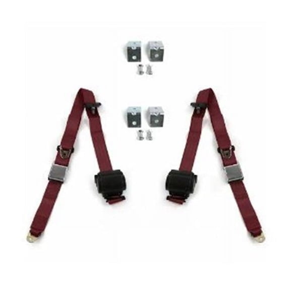 Airplane 3 Point Burgundy Retractable Bucket Seat Belt Kit with Bracketry & 2 Belts for 1933-1934 Model C Ford