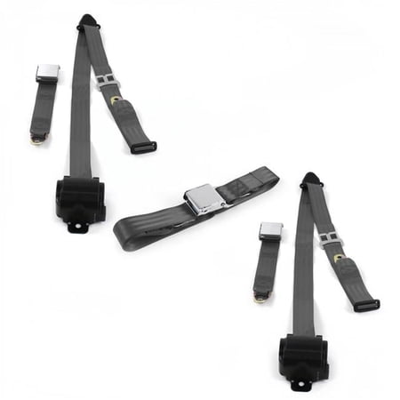Airplane 3 Point Charcoal Retractable Bench Seat Belt Kit with 3 Belts for 1953-1957 VW Type 1 Oval