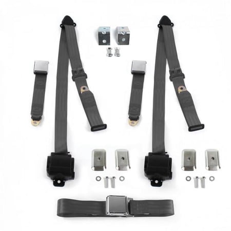 Airplane 3 Point Charcoal Retractable Bench Seat Belt Kit with Bracketry & 3 Belts for 1961-1964 Chevy Impala