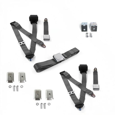 Airplane 3 Point Charcoal Retractable Bench Seat Belt Kit with Bracketry for 1928-1932 Early Cars - 3 Belts