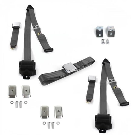 Airplane 3 Point Charcoal Retractable Bench Seat Belt Kit with Bracketry for 1933-1957 Nash Ambassador - 3 Belts