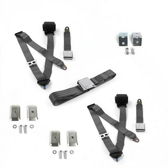 Airplane 3 Point Charcoal Retractable Bench Seat Belt Kit with Bracketry for 1935-1940 Early Cars - 3 Belts