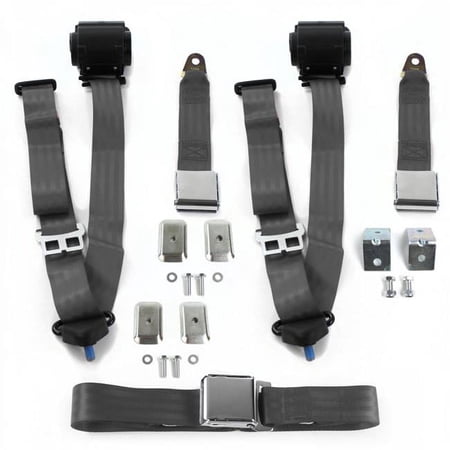 Airplane 3 Point Charcoal Retractable Bench Seat Belt Kit with Bracketry for 1975-1979 Chevy Nova - 3 Belts
