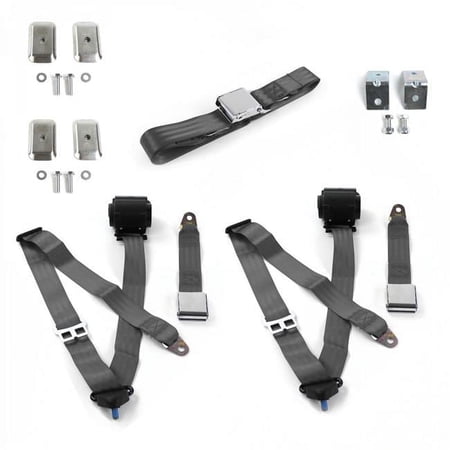 Airplane 3 Point Charcoal Retractable Bench Seat Belt Kit with Bracketry for VW Type 3 Squareback - 3 Belts