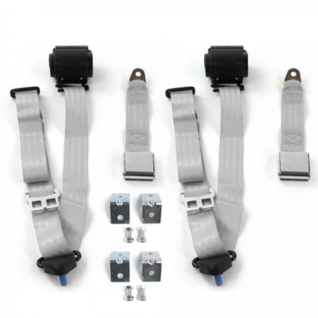Airplane 3 Point Gray & Grey Retractable Bucket Seat Belt Kit with Bracketry for AMC Gremlin 1970-1979 - 2 Belts