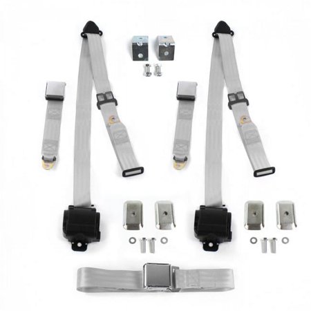 Airplane 3 Point Gray Retractable Bench Seat Belt Kit with Bracketry & 3 Belts for 1955-1956 Ford