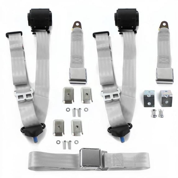 Airplane 3 Point Gray Retractable Bench Seat Belt Kit with Bracketry & 3 Belts for 1965-1970 Chevy Impala