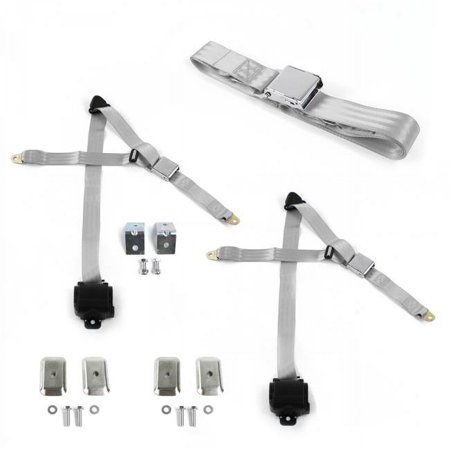 Airplane 3 Point Gray Retractable Bench Seat Belt Kit with Bracketry & 3 Belts for 1968-1969 Ford Fairlane