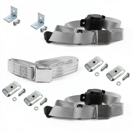 Airplane 3 Point Gray Retractable Bench Seat Belt Kit with Bracketry & 3 Belts for 1971-1977 Ford Maverick