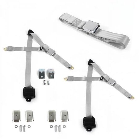 Airplane 3 Point Gray Retractable Bench Seat Belt Kit with Bracketry & 3 Belts for 1973-1987 Chevy Truck
