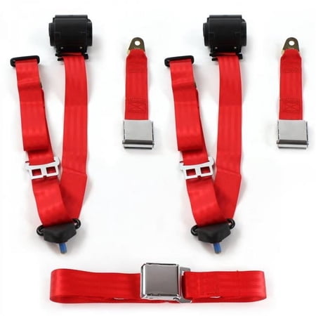 Airplane 3 Point Red Retractable Bench Seat Belt Kit for Early Cars 1900-1927 - 3 Belts