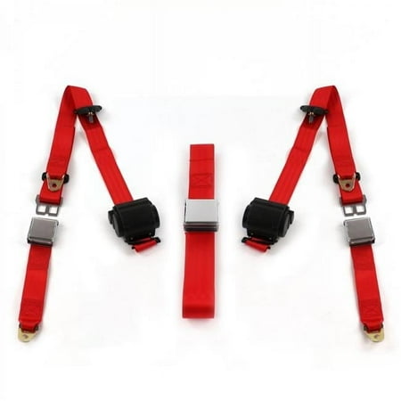 Airplane 3 Point Red Retractable Bench Seat Belt Kit with 3 Belts for 1966-1977 Ford Bronco
