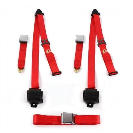 Airplane 3 Point Red Retractable Bench Seat Belt Kit with 3 Belts for 1987-1996 Jeep Wrangler