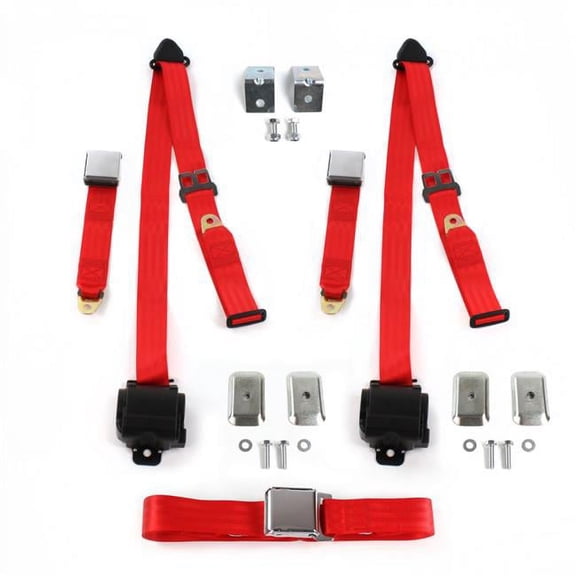 Airplane 3 Point Red Retractable Bench Seat Belt Kit with Bracketry & 3 Belts for 1942-1947 Ford Truck