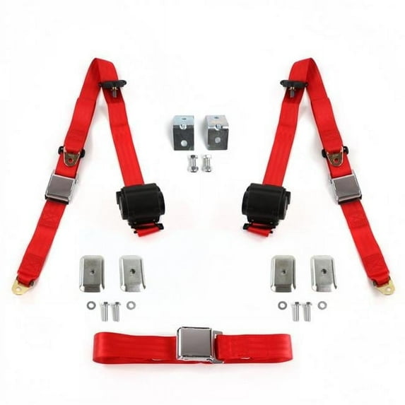 Airplane 3 Point Red Retractable Bench Seat Belt Kit with Bracketry & 3 Belts for 1953-1961 Triumph TR2, 3