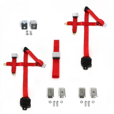 Airplane 3 Point Red Retractable Bench Seat Belt Kit with Bracketry for 1949-1967 VW Type 2 Split - 3 Belts