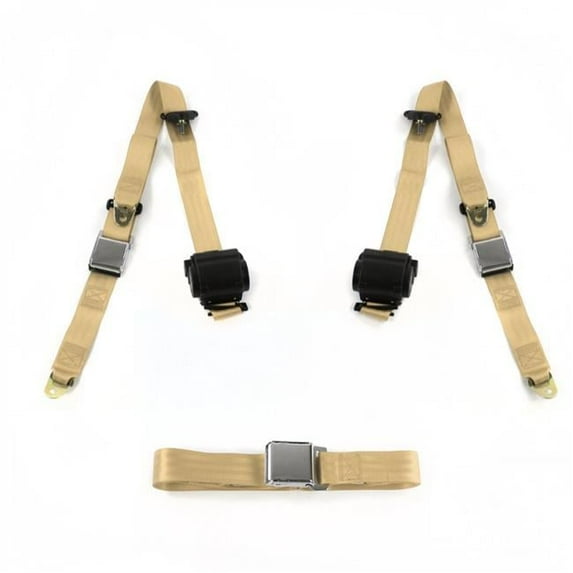 Airplane 3 Point Tan Retractable Bench Seat Belt Kit for Chevy Truck 1963-1966 - 3 Belts