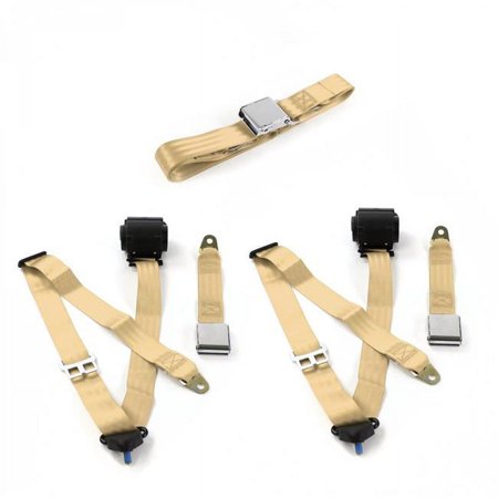 Airplane 3 Point Tan Retractable Bench Seat Belt Kit for Chevy Truck 1988-1998 - 3 Belts