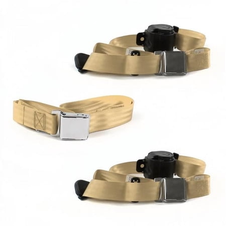 Airplane 3 Point Tan Retractable Bench Seat Belt Kit for Jeep Commando 1966-1973 - 3 Belts