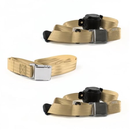 Airplane 3 Point Tan Retractable Bench Seat Belt Kit with 3 Belts for 1967-1972 Chevy Truck