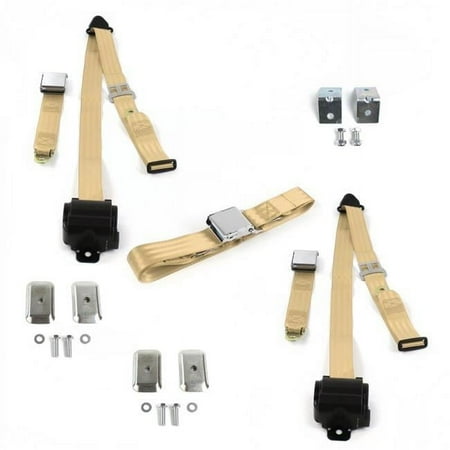 Airplane 3 Point Tan Retractable Bench Seat Belt Kit with Bracketry & 3 Belts for 1946-1961 Desoto