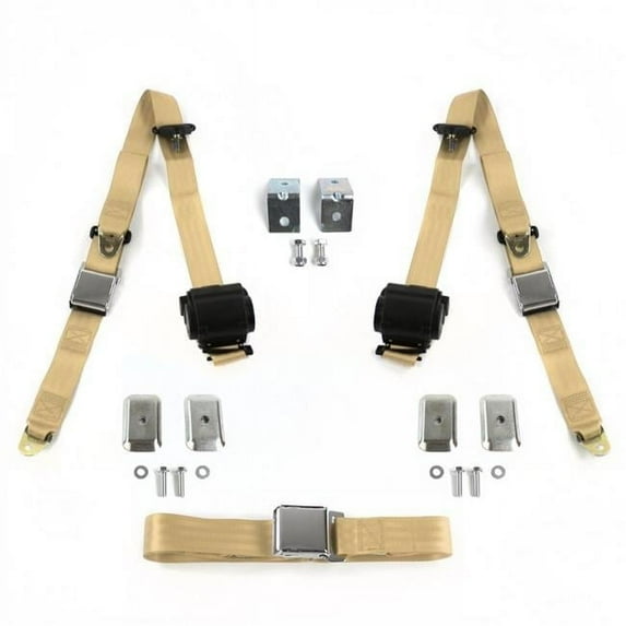 Airplane 3 Point Tan Retractable Bench Seat Belt Kit with Bracketry & 3 Belts for 1958-1967 VW Type 1