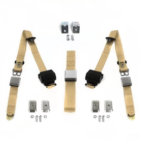 Airplane 3 Point Tan Retractable Bench Seat Belt Kit with Bracketry & 3 Belts for 1961-1976 Triumph TR250