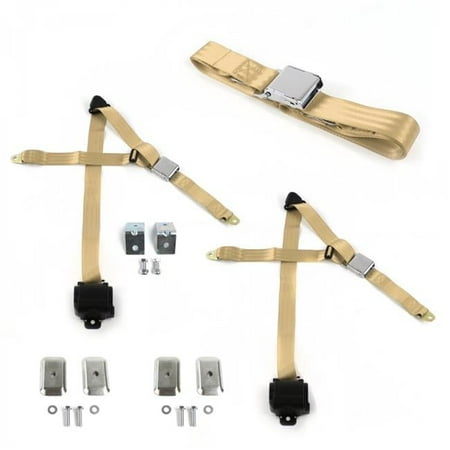 Airplane 3 Point Tan Retractable Bench Seat Belt Kit with Bracketry & 3 Belts for 1982-1994 Chevy Cavalier