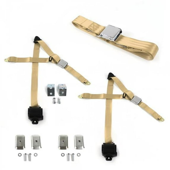 Airplane 3 Point Tan Retractable Bench Seat Belt Kit with Bracketry & 3 Belts for 1982-1994 Chevy Cavalier