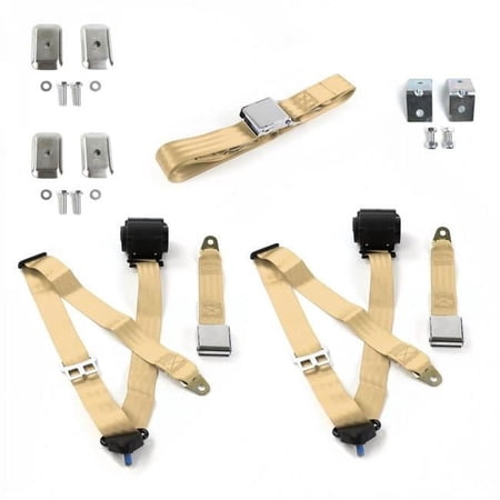 Airplane 3 Point Tan Retractable Bench Seat Belt Kit with Bracketry for Chevy FS Blazer 1969-1972 - 3 Belts