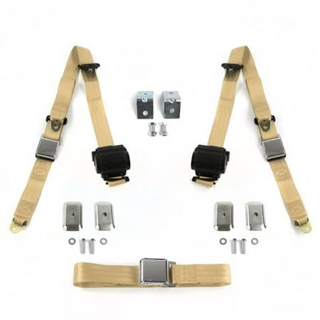Airplane 3 Point Tan Retractable Bench Seat Belt Kit with Bracketry for Chevy Impala 1959-1960 - 3 Belts