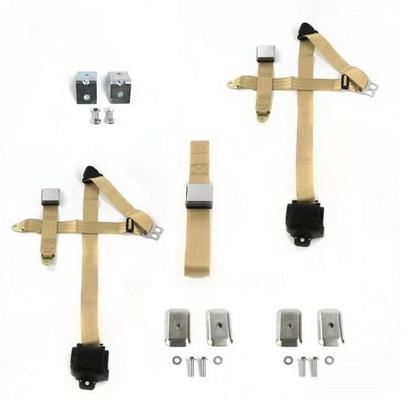 Airplane 3 Point Tan Retractable Bench Seat Belt Kit with Bracketry for Chevy Truck 1941-1946 - 3 Belts