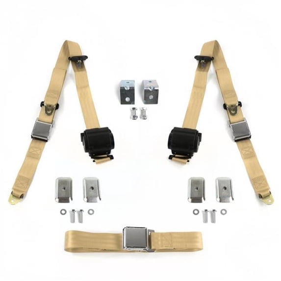 Airplane 3 Point Tan Retractable Bench Seat Belt Kit with Bracketry for Jeep Gladiator 1962-1988 - 3 Belts