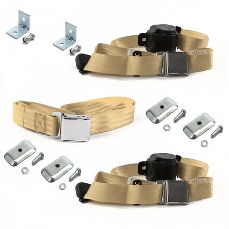 Airplane 3 Point Tan Retractable Bench Seat Belt Kit with Bracketry for Jeep Jeepster 1966-1973 - 3 Belts