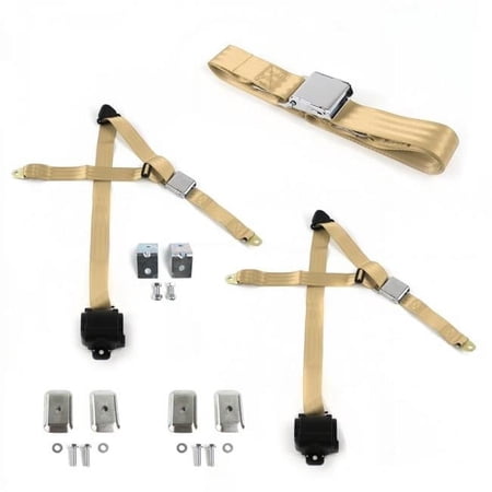 Airplane 3 Point Tan Retractable Bench Seat Belt Kit with Bracketry for Nash Rambler 1950-1954 - 3 Belts