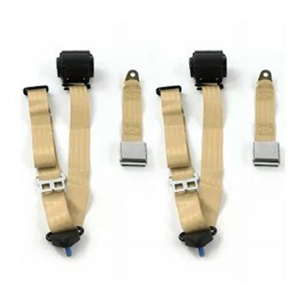 Airplane 3 Point Tan Retractable Bucket Seat Belt Kit with Bracketry for 1955-1957 Ford Thunderbird - 2 Belts