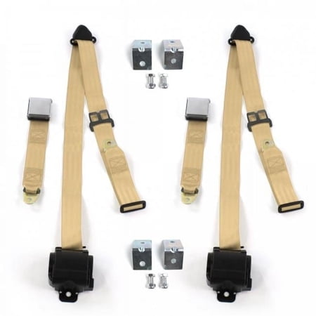 Airplane 3 Point Tan Retractable Bucket Seat Belt Kit with Bracketry for Chevy Impala 1971-1976 - 2 Belts
