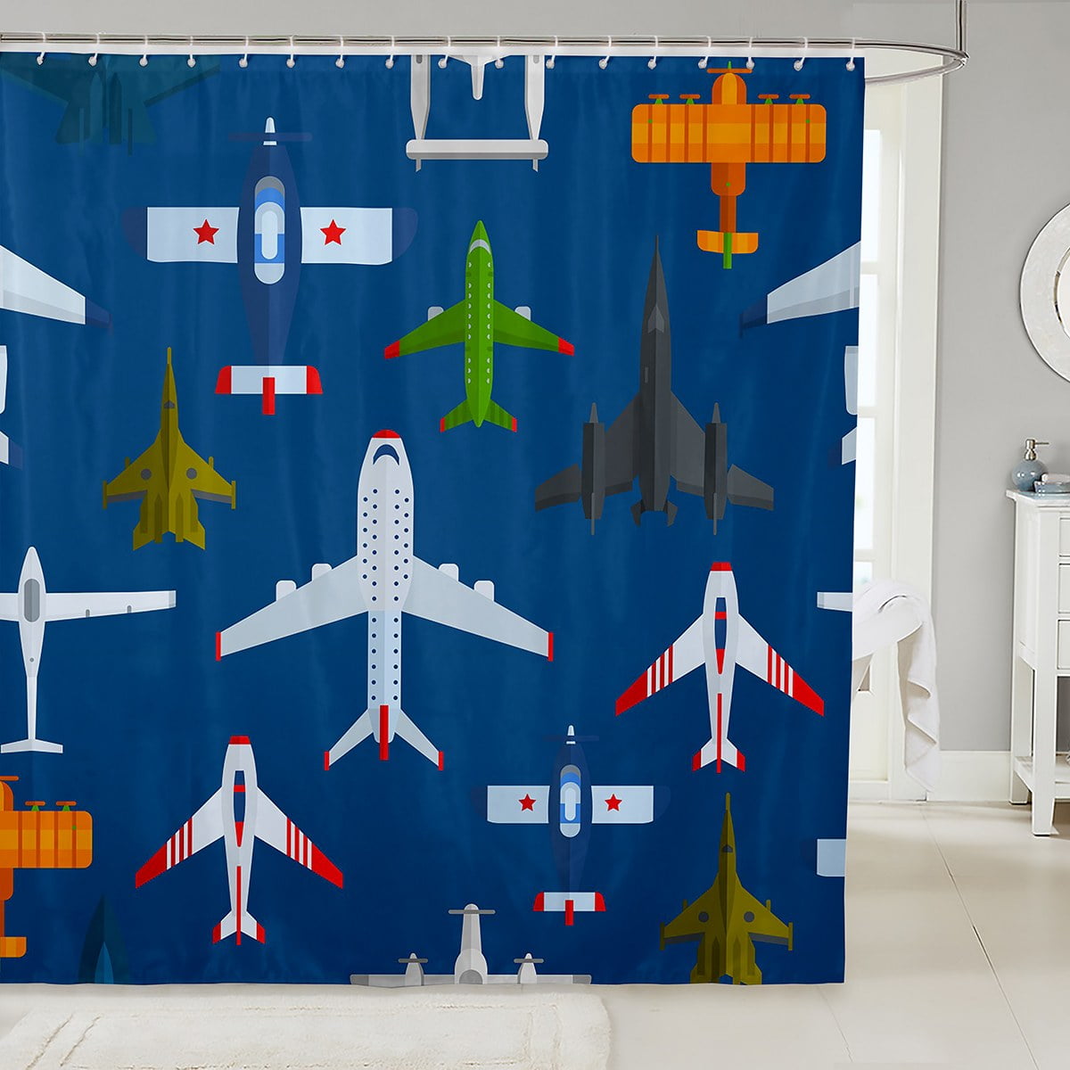 Boys Airplane Fabric Shower Curtain Aircraft Flight Shower Curtain For Kids Teens Black White Sketch Hemisphere Bathroom Sets Helicopter Plane Waterproof Curtains 72 Wx