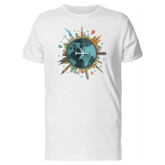 Airplane And Multiple Landmarks T-Shirt Men -Image by Shutterstock, Male Large