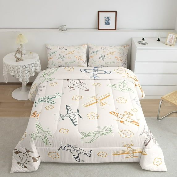 Airplane Bedding Comforter Sets Twin Size Aircrafts Pattern Comforter Set for Teens ,Colorful Hand Drawn Doodle Style Bedding Cute Retro Propeller Airplane Quilt Kawaii Room Decor